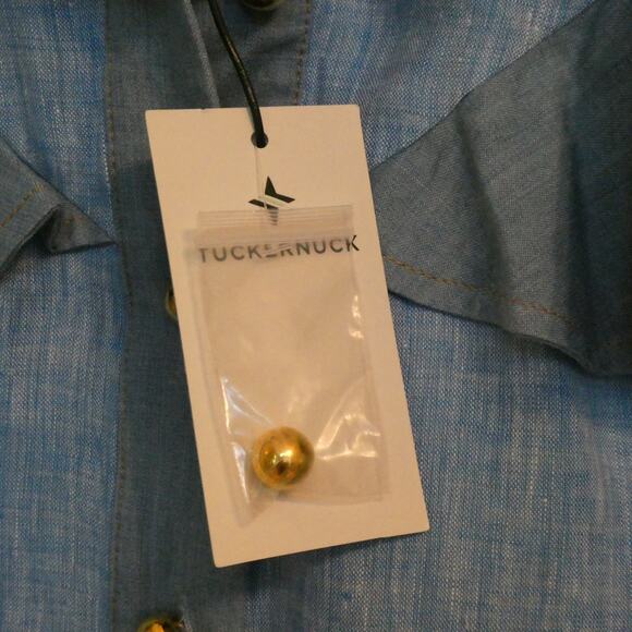 NWT Tuckernuck Mirabella Ruffle Chambray Linen Blouse Shirt Gold Buttons Blue XL - Picture 9 of 10